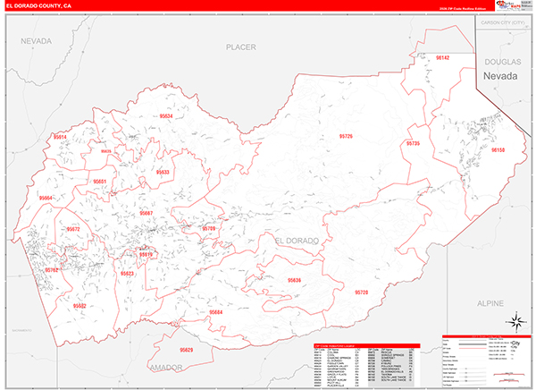 El Dorado County, CA Map Red Line Style